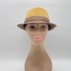 Scala Pronto Straw Fedora Hat Tan Brown Short Brim One Size Button Woven Boho